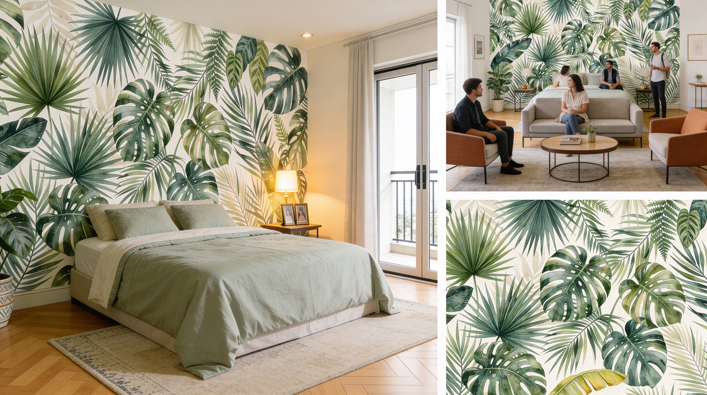 mural naturaleza hojas verdes decoracion interior collage