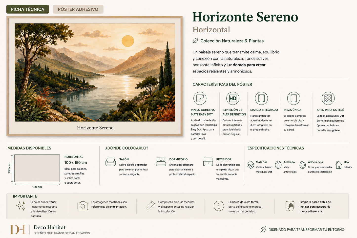 Ficha técnica del póster Horizonte Sereno con medida de 100 × 150 cm, acabado mate y marco gráfico integrado.