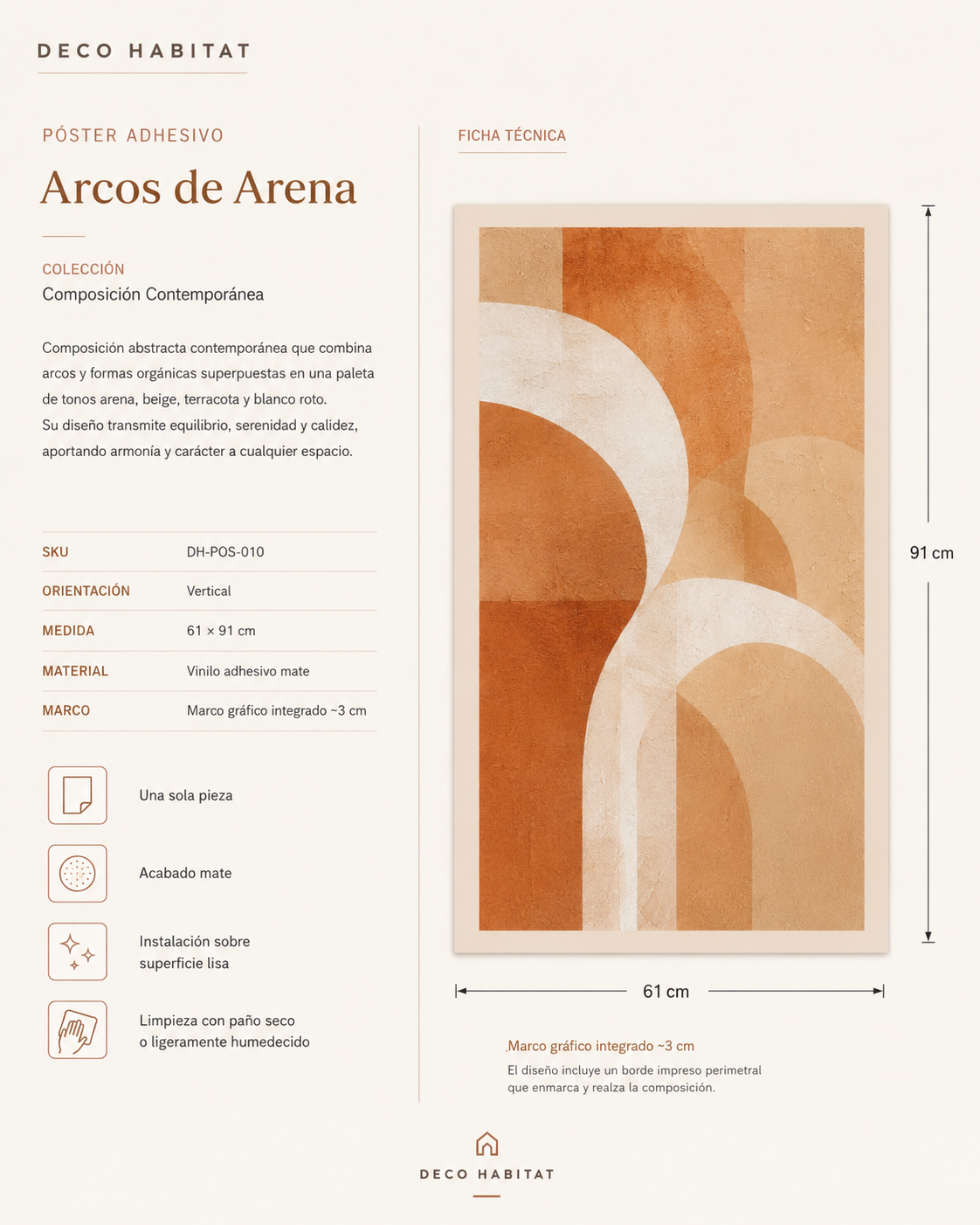 Ficha técnica del póster Arcos de Arena Vertical con medida de 61 × 91 cm, acabado mate y marco gráfico integrado.