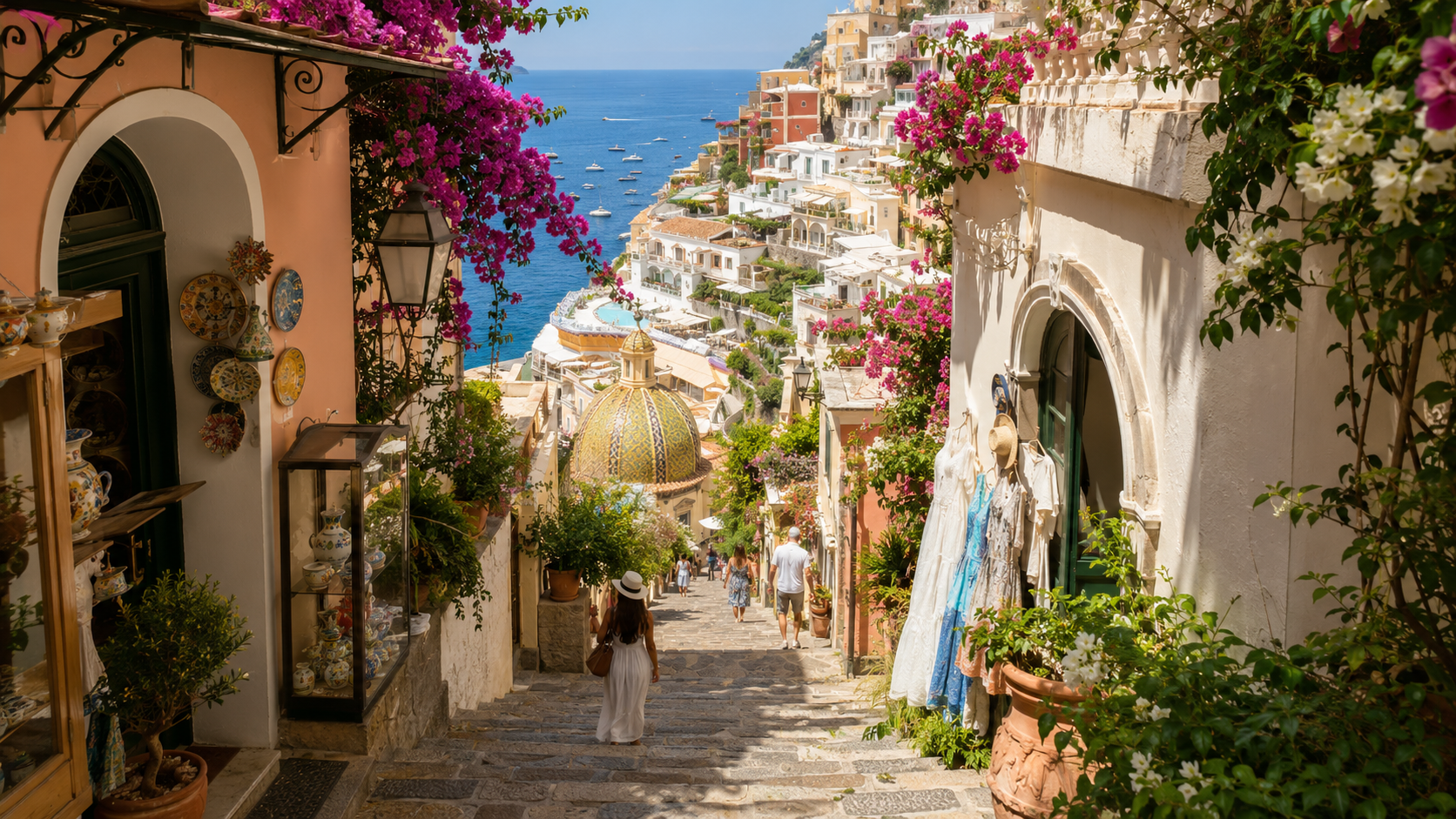 Positano se recorre en vertical, entre escaleras, fachadas luminosas y pequeñas aperturas hacia el Mediterráneo.