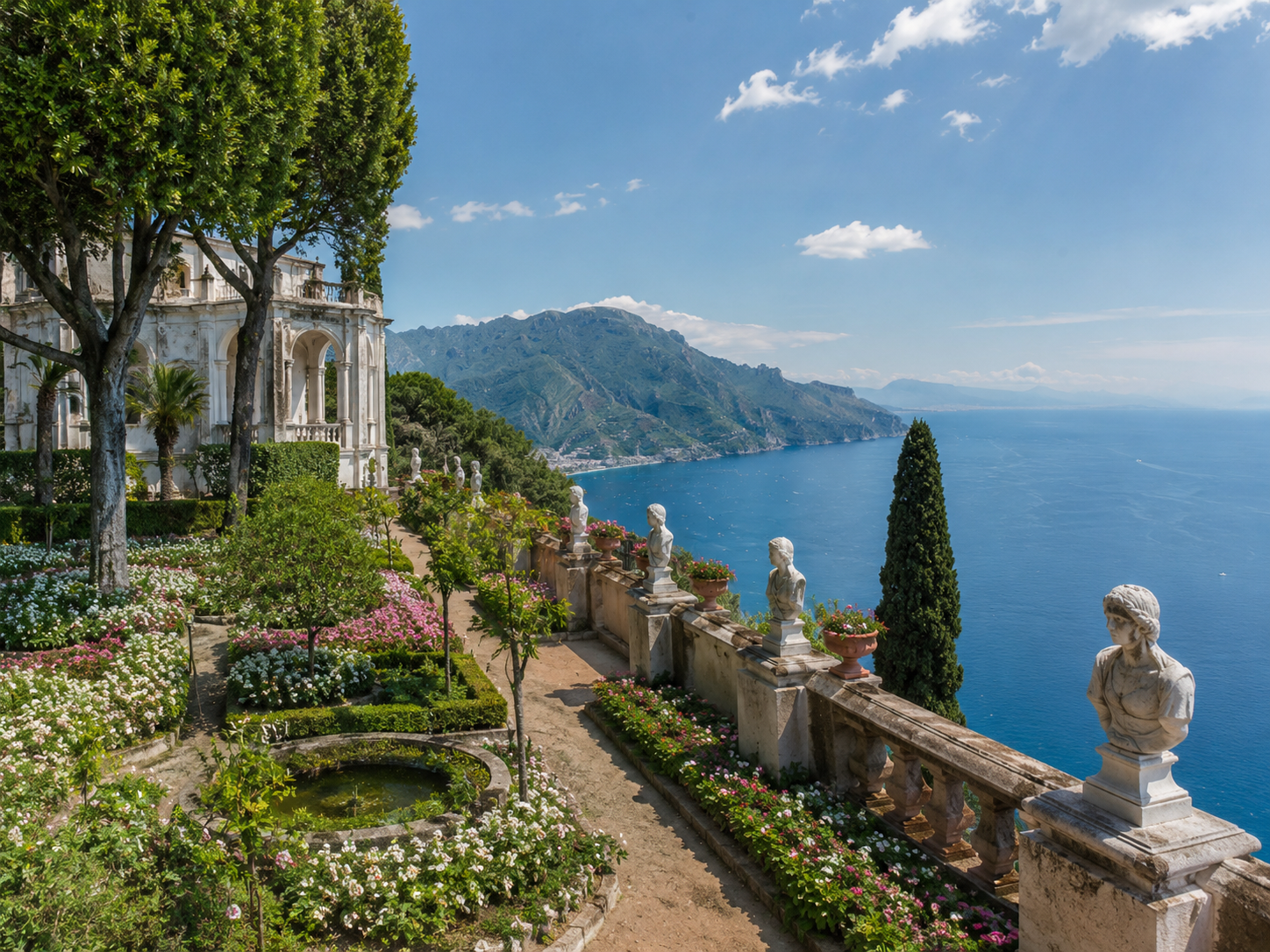 Desde Ravello, el Mediterráneo se extiende entre jardines, villas históricas y montañas que descienden hacia el mar.