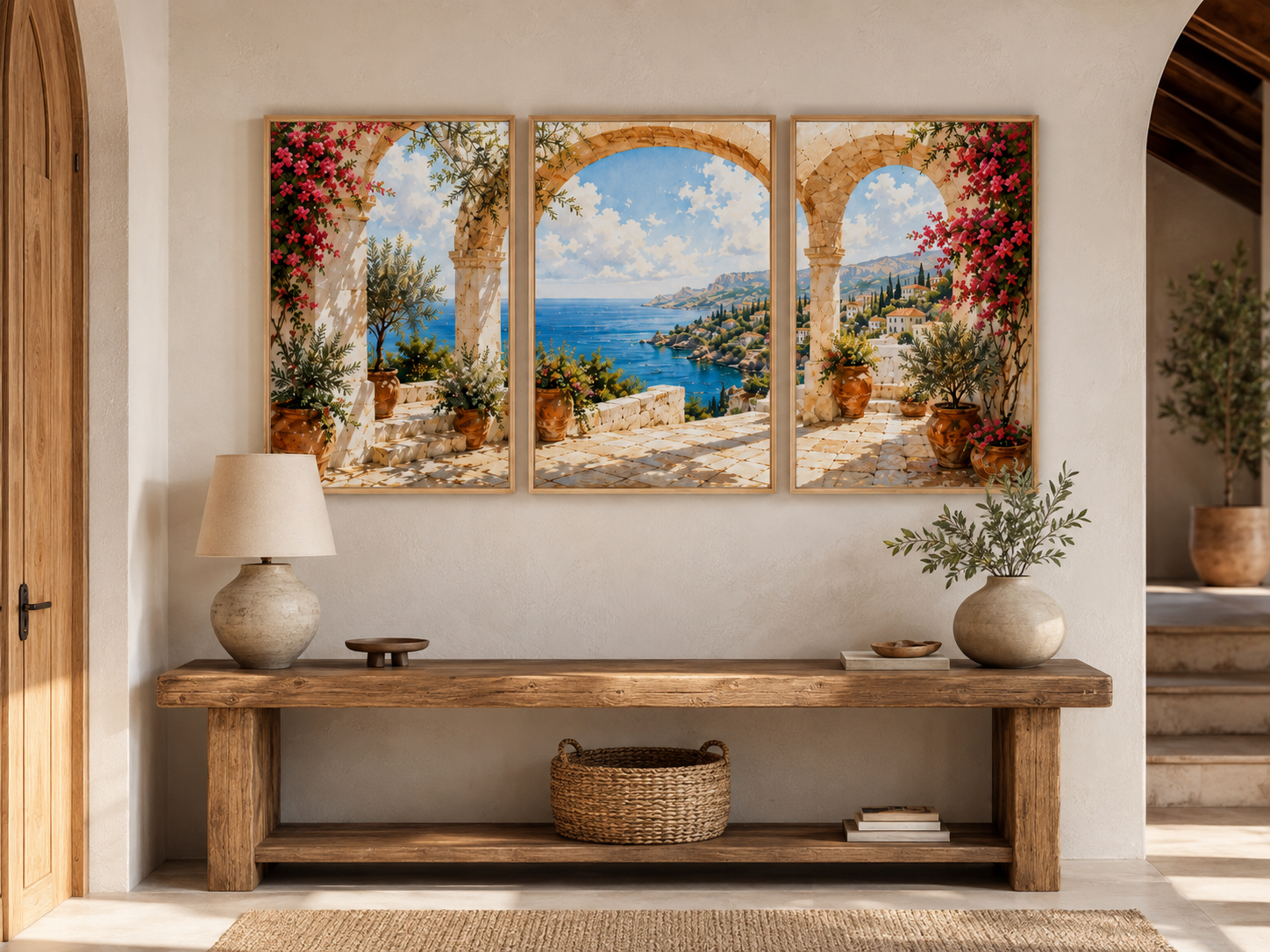 Tríptico Mediterráneo Sereno en recibidor | Galería de Arte Deco Habitat