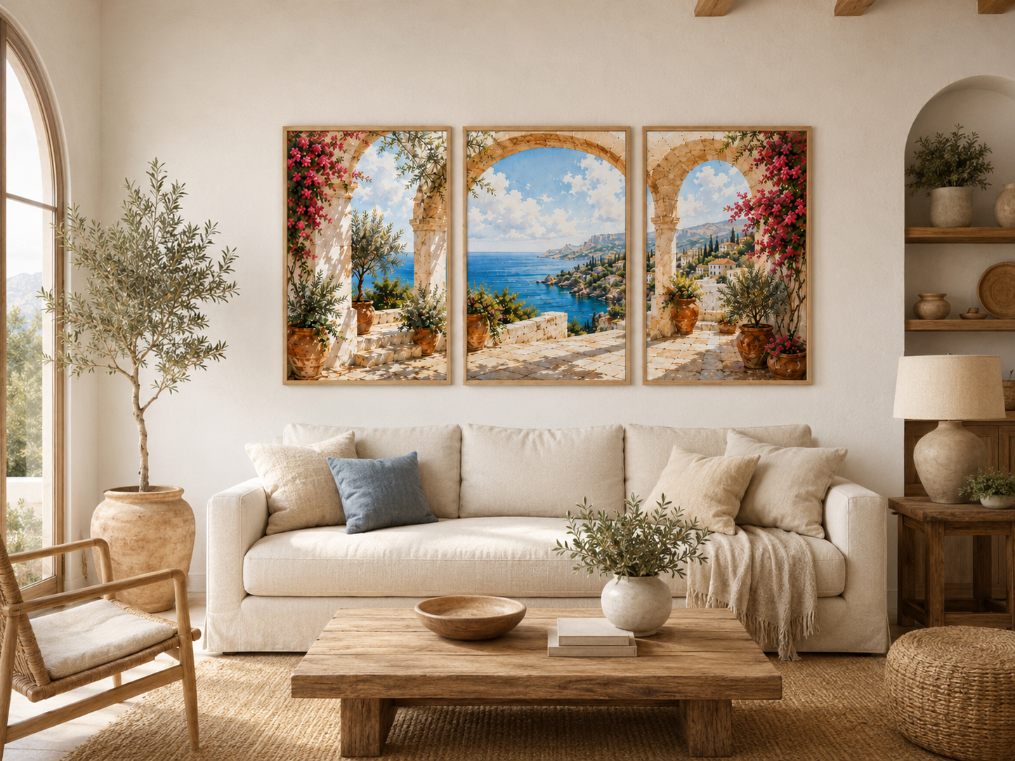 Tríptico Mediterráneo Sereno en salón | Galería de Arte Deco Habitat