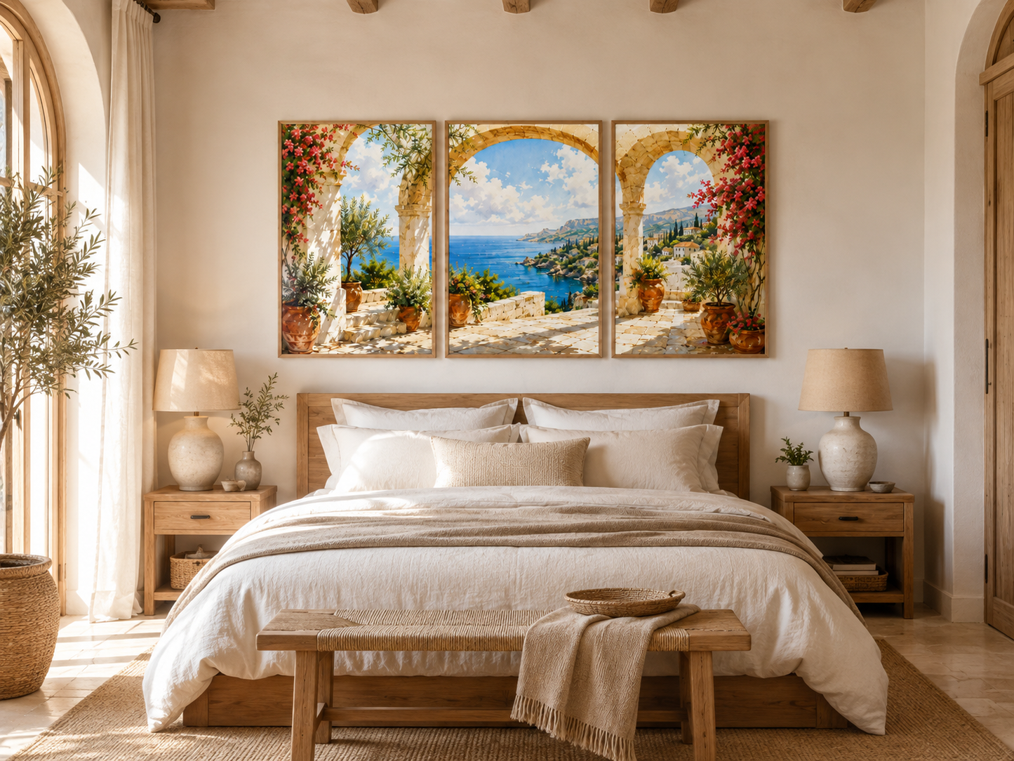 Tríptico Mediterráneo Sereno en dormitorio | Galería de Arte Deco Habitat
