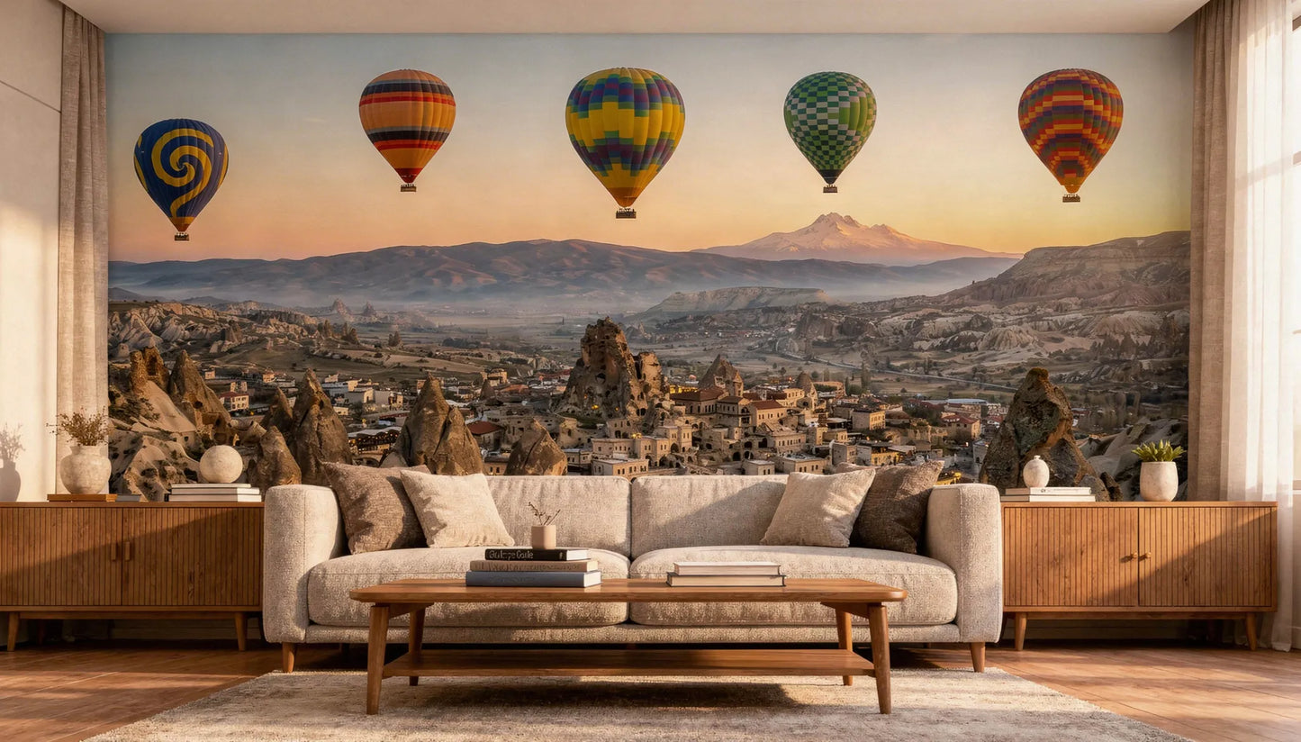 Mural Amanecer en Capadocia con globos aerostáticos instalado en salón contemporáneo