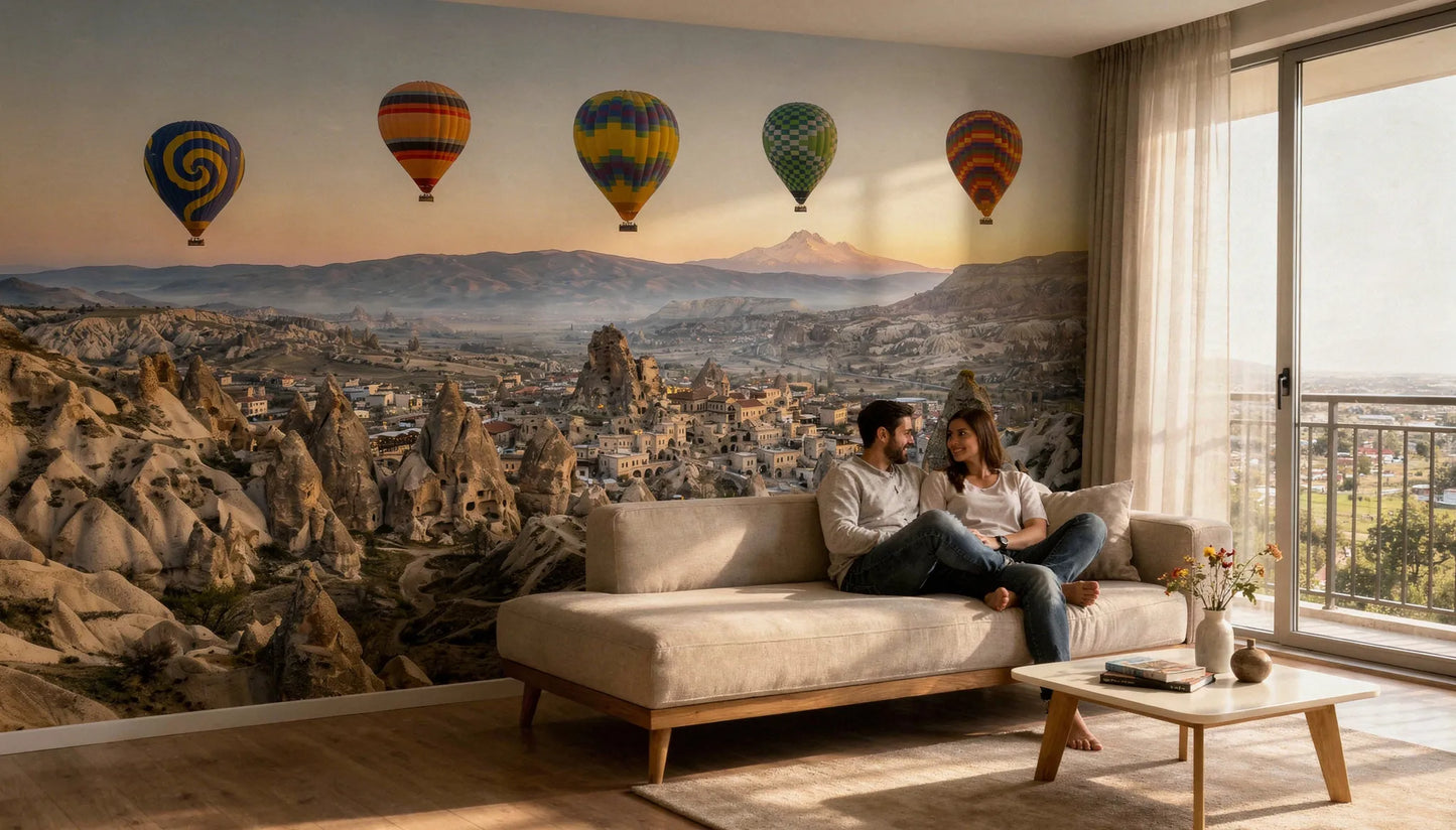 Mural Amanecer en Capadocia con globos aerostáticos instalado en salón contemporáneo
