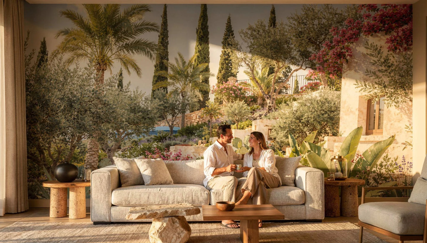 Mural Jardín Mediterráneo de Ibiza instalado en salón luminoso de estilo mediterráneo con palmeras, buganvillas y arquitectura blanca