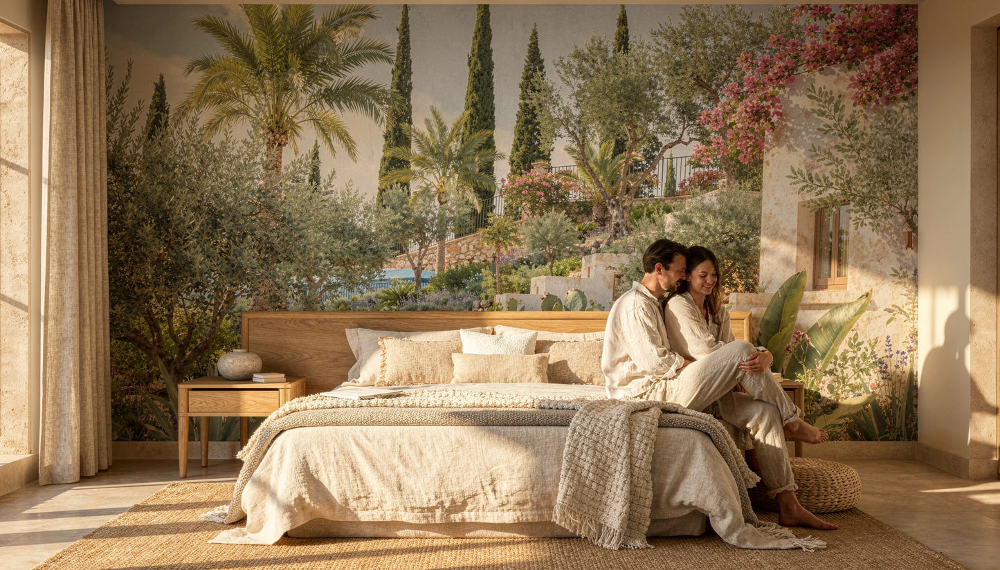 Mural Jardín Mediterráneo de Ibiza instalado en dormitorio luminoso de estilo mediterráneo con palmeras, buganvillas y arquitectura blanca