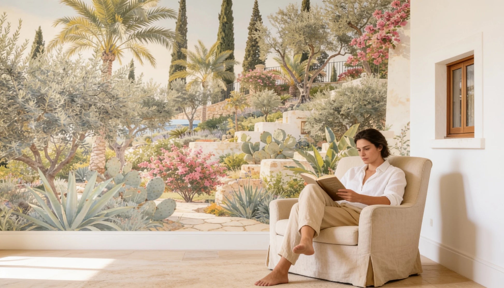 Mural Jardín Mediterráneo de Ibiza instalado en espacio de lectura de estilo mediterráneo con palmeras, buganvillas y arquitectura blanca