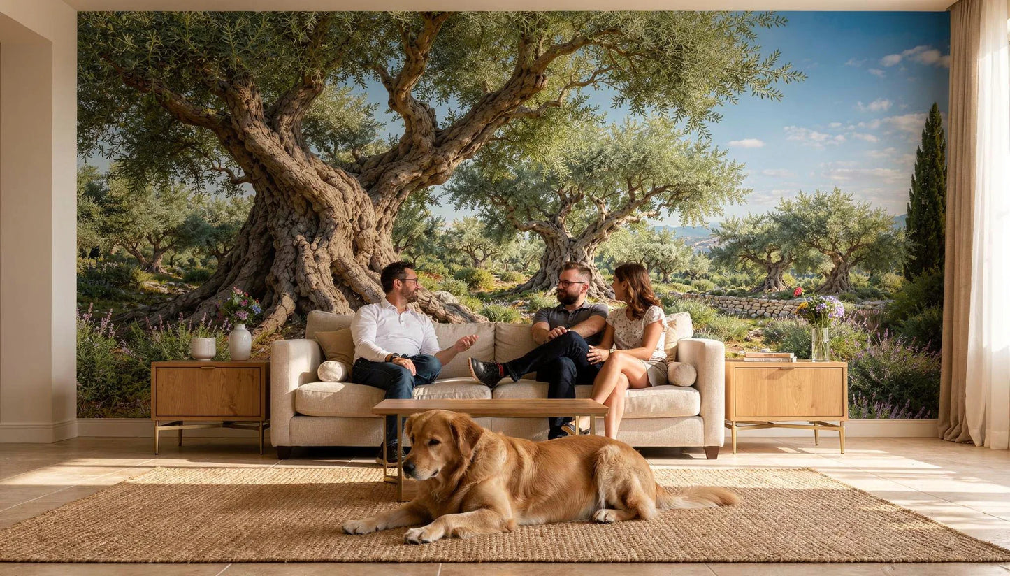 Mural Olivos Centenarios instalado en salón elegante de estilo mediterráneo