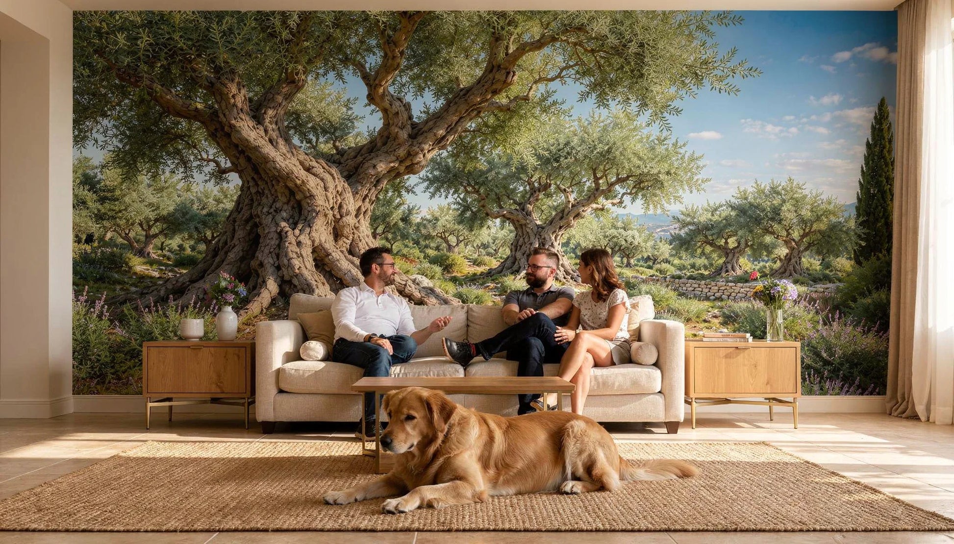 Mural Olivos Centenarios instalado en salón elegante de estilo mediterráneo