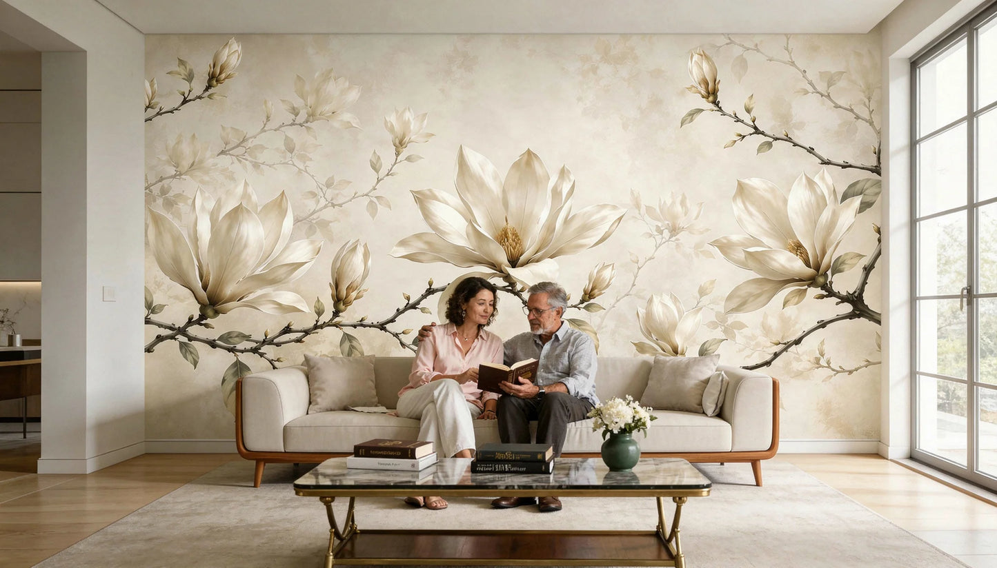Magnolias de Marfil instalado en salón moderno de estilo quiet luxury con mural floral de magnolias