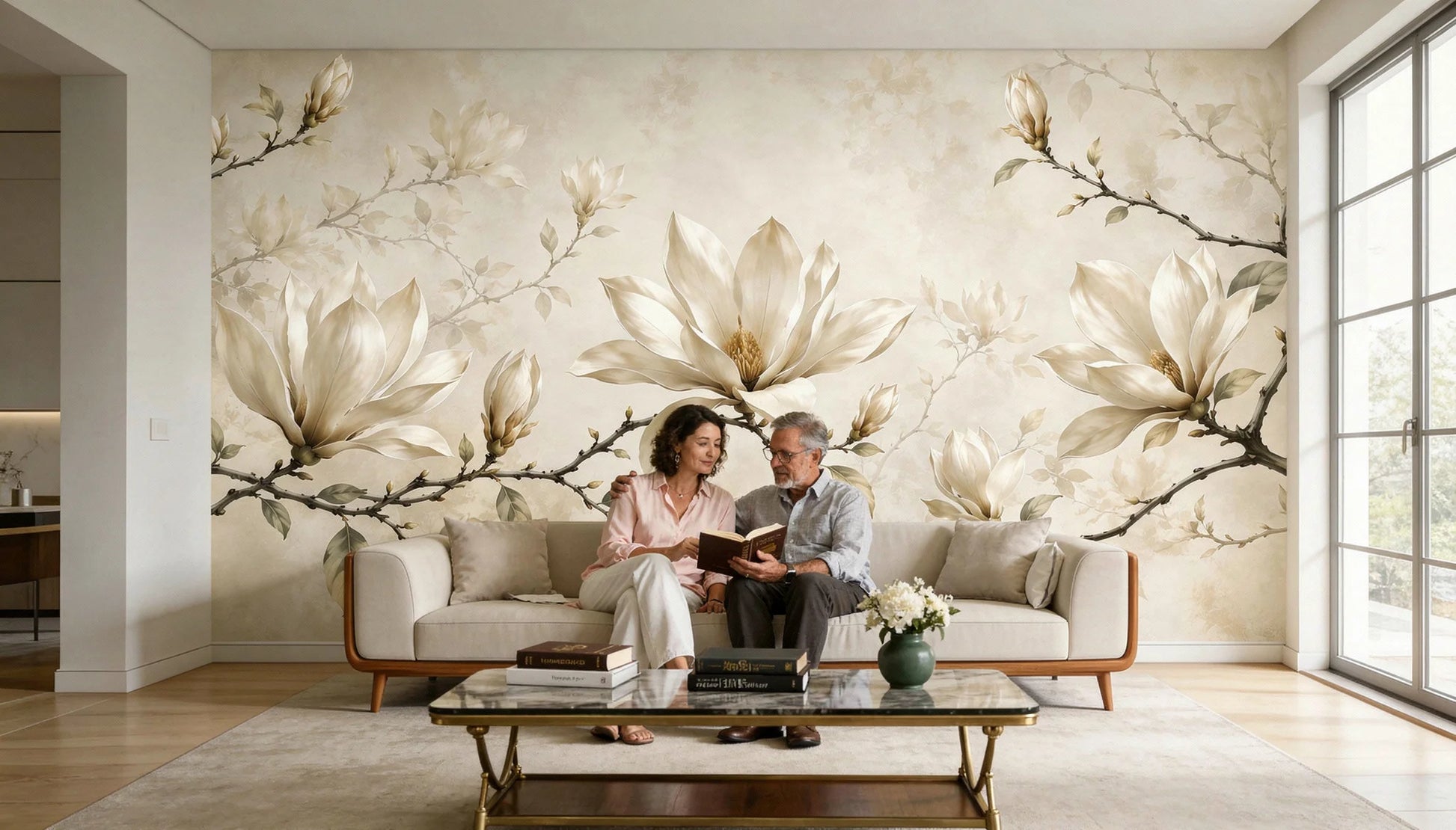 Magnolias de Marfil instalado en salón moderno de estilo quiet luxury con mural floral de magnolias