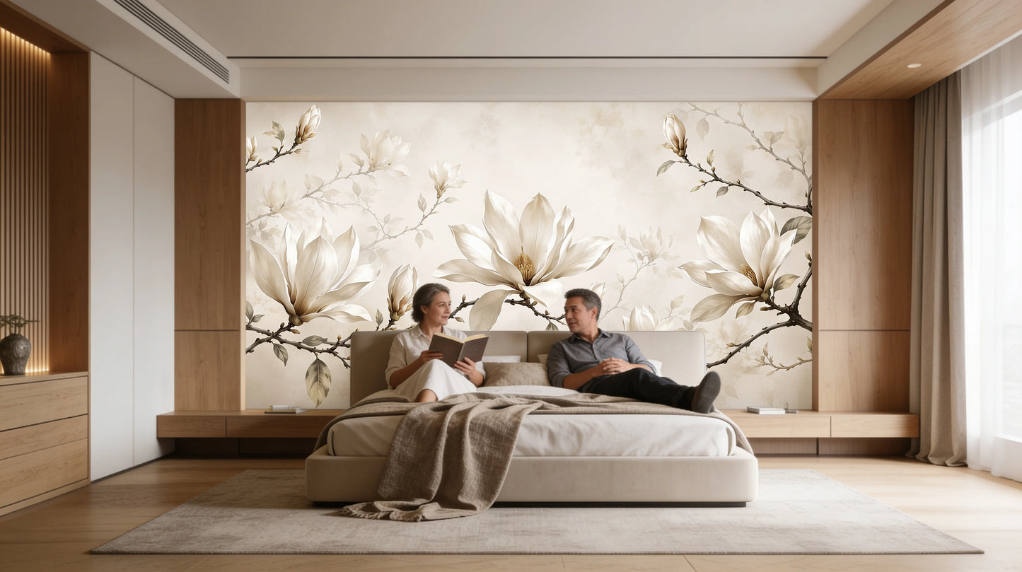 Magnolias de Marfil instalado en dormitorio premium con decoración contemporánea y mural floral elegante