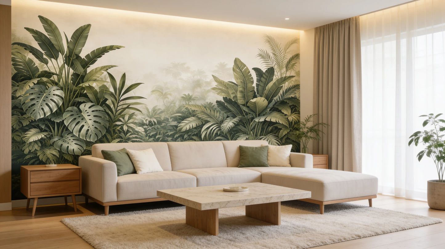 Jardín Botánico Infinito mural decorativo botánico en salón de estilo contemporáneo