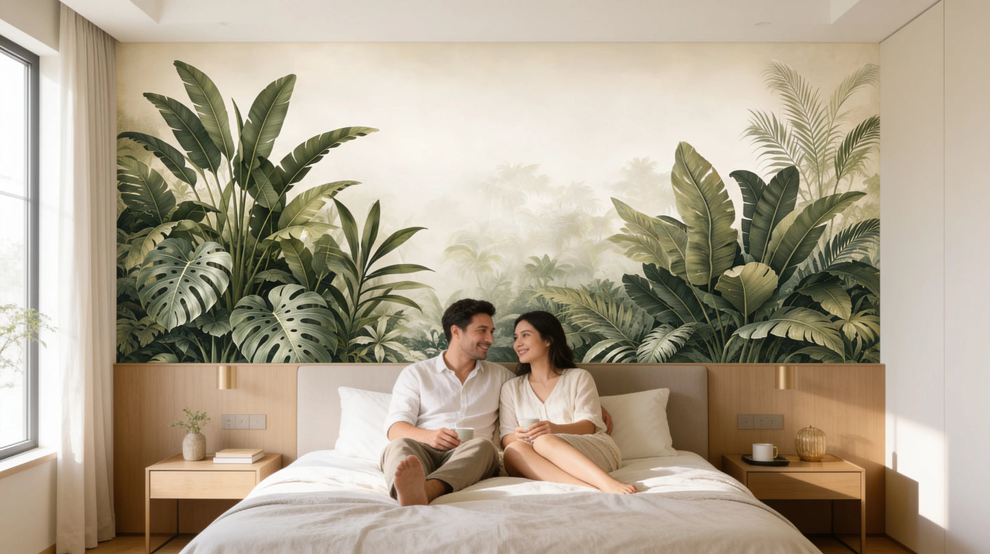 Jardín Botánico Infinito mural botánico premium en dormitorio elegante