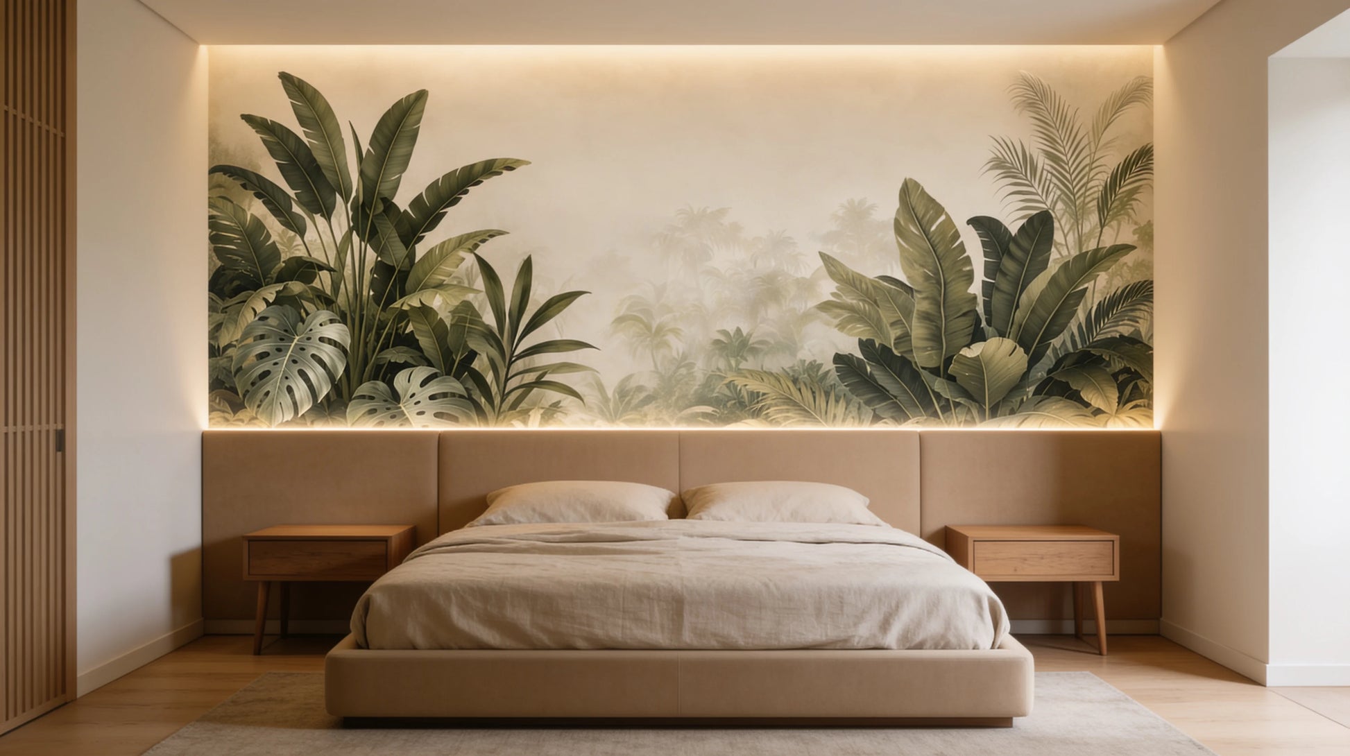 Jardín Botánico Infinito mural panorámico de hojas tropicales en dormitorio moderno