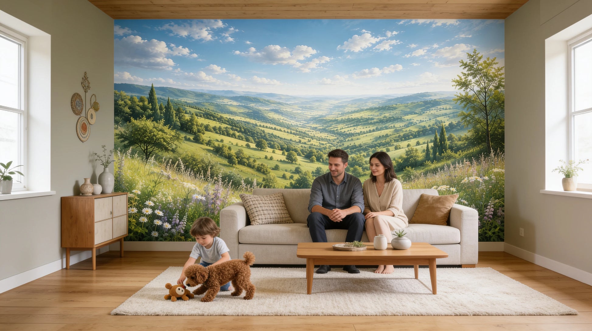 Fotomural Valle Verde Atmosférico en salón familiar con pareja, mascota y decoración de estilo natural