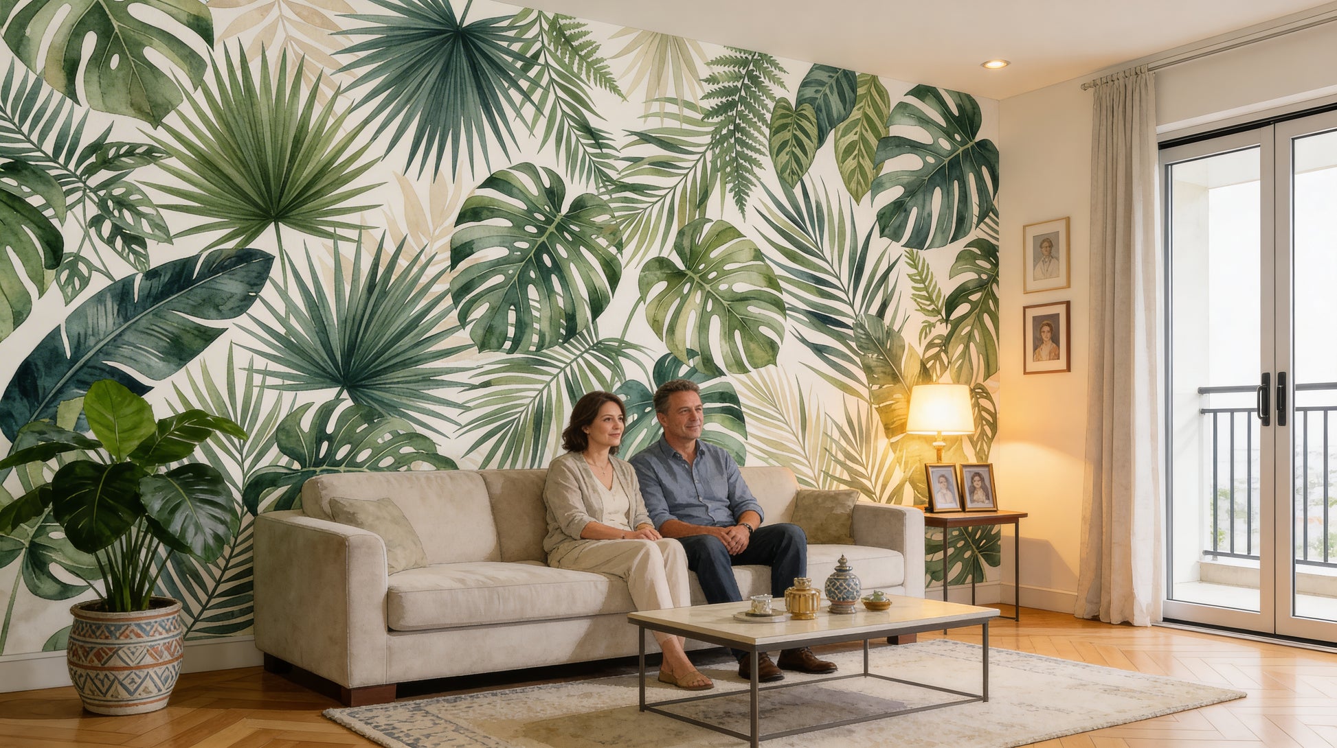 mural hojas tropicales verde natural salon