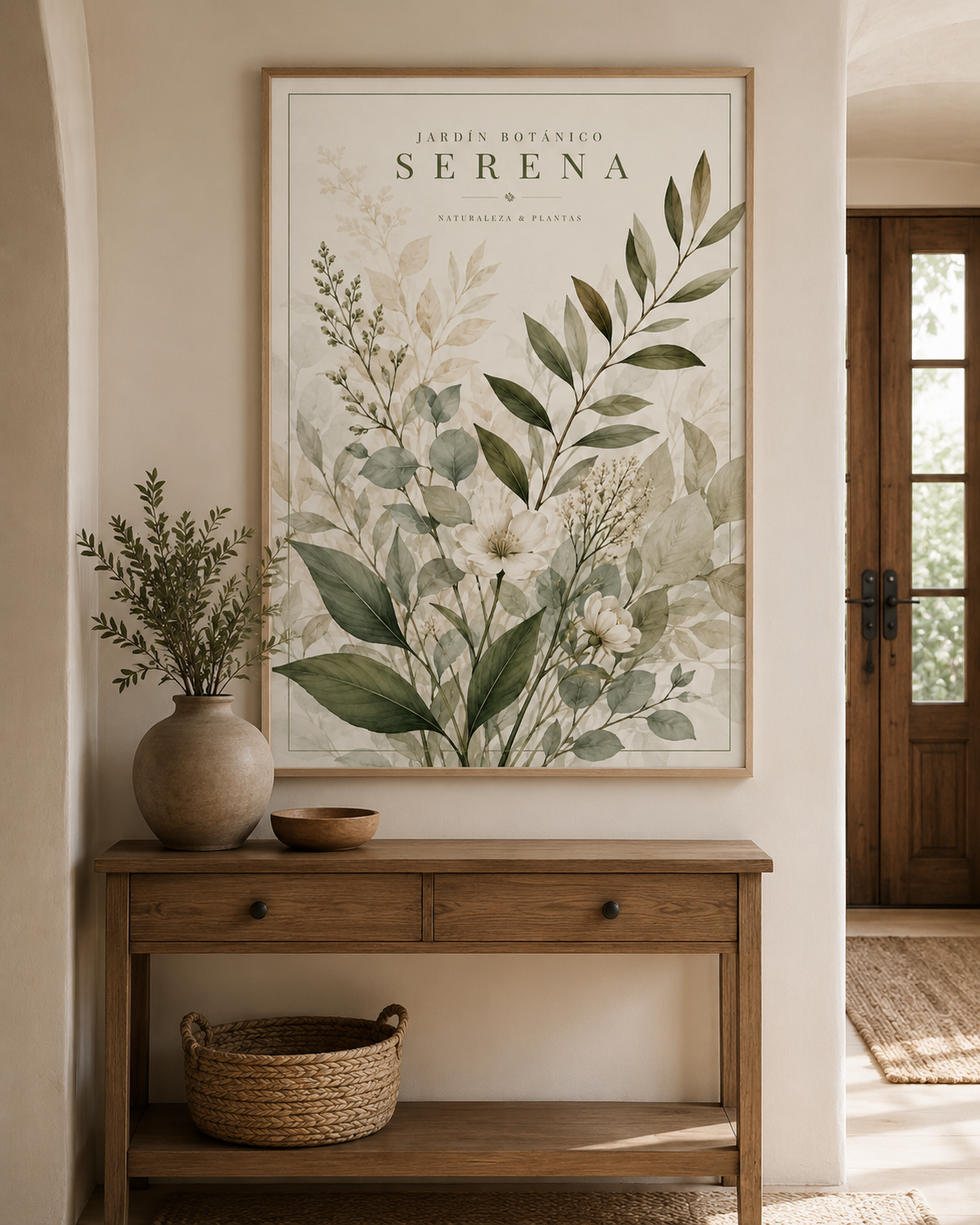 Póster adhesivo Jardín Botánico Serena instalado sobre una consola de recibidor.