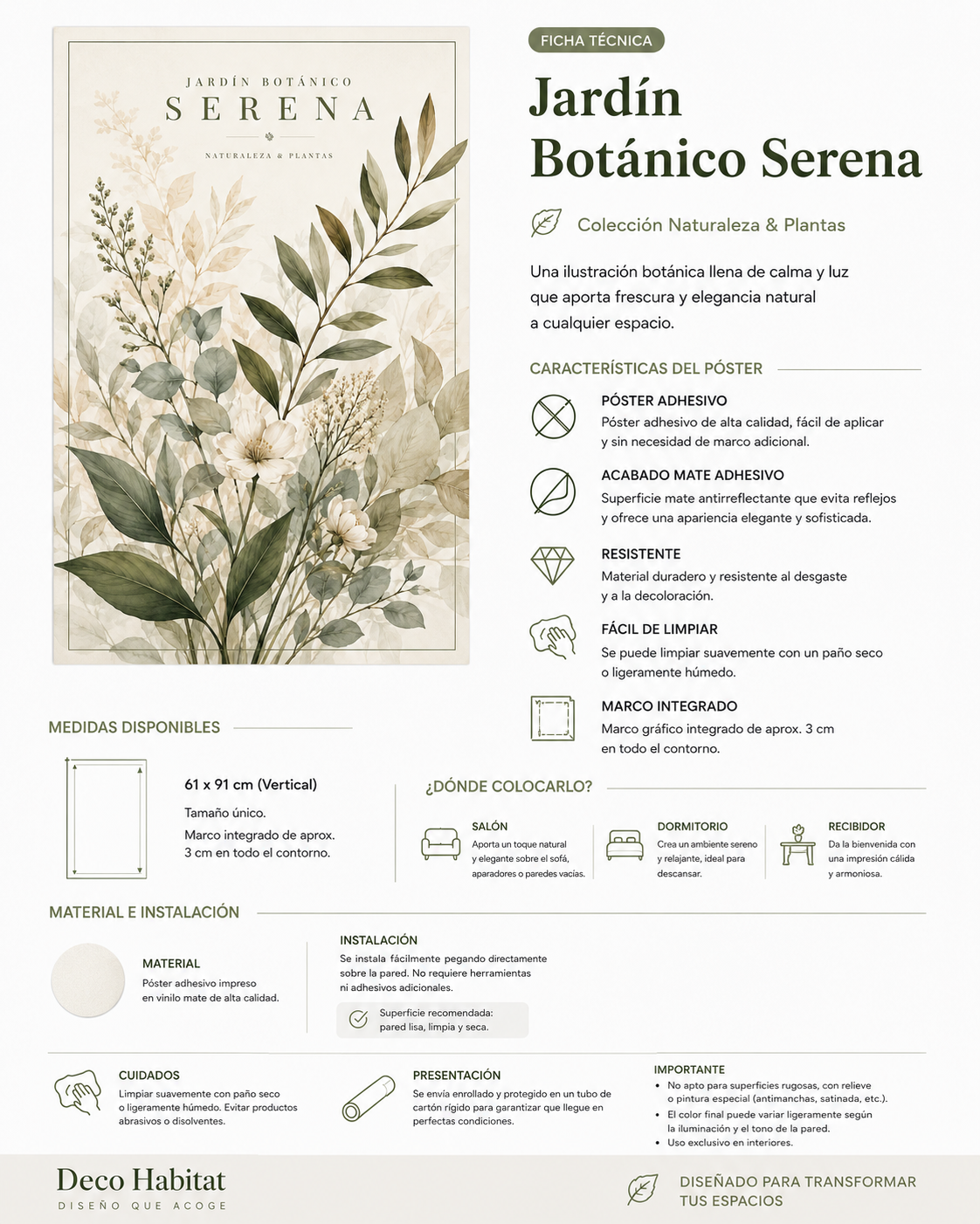 Ficha técnica del póster adhesivo Jardín Botánico Serena con medidas, marco integrado y recomendaciones de colocación.