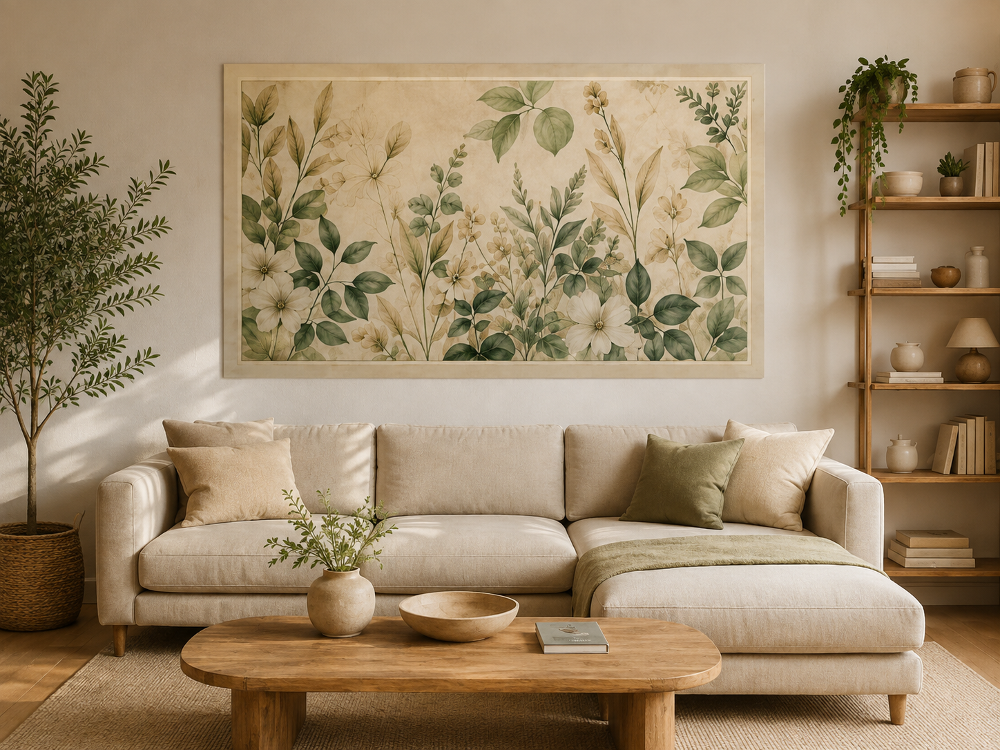 Póster adhesivo Jardín Botánico Serena Horizontal de 100 × 150 cm instalado sobre un sofá de salón.