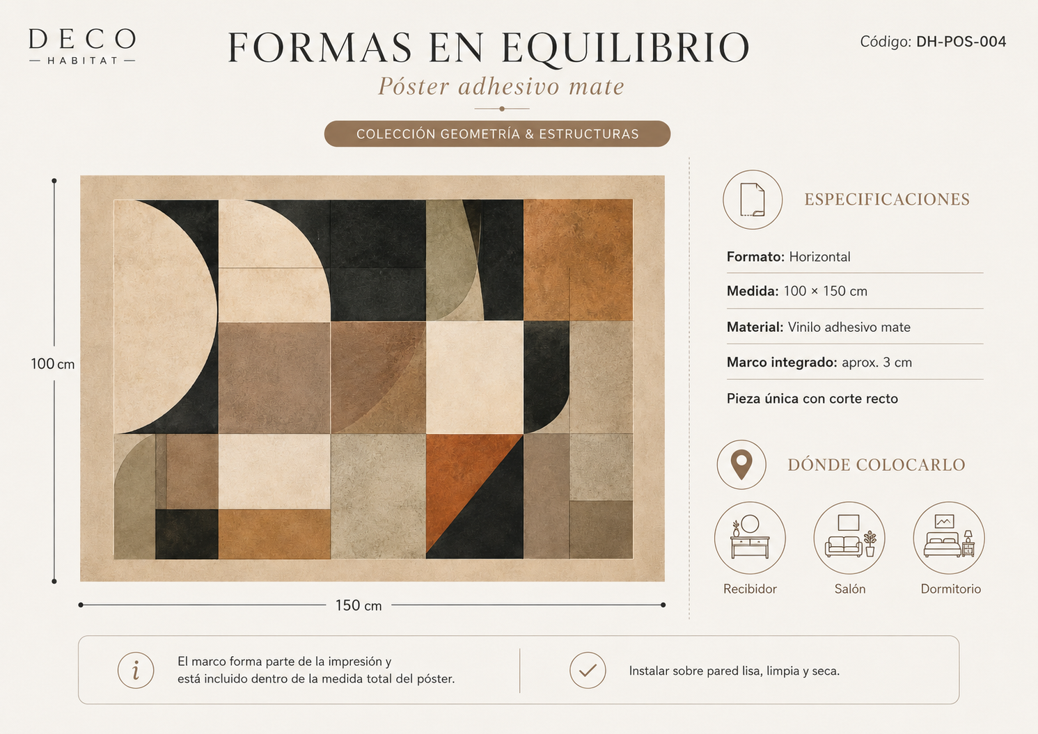 Ficha técnica del póster Formas en Equilibrio Horizontal con medida de 100 × 150 cm, acabado mate y marco integrado.