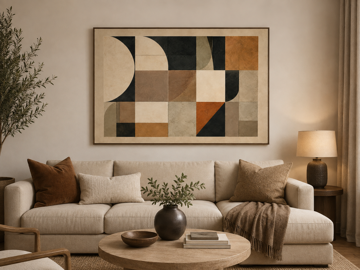 Póster adhesivo Formas en Equilibrio Horizontal de 100 × 150 cm instalado sobre el sofá de un salón contemporáneo.