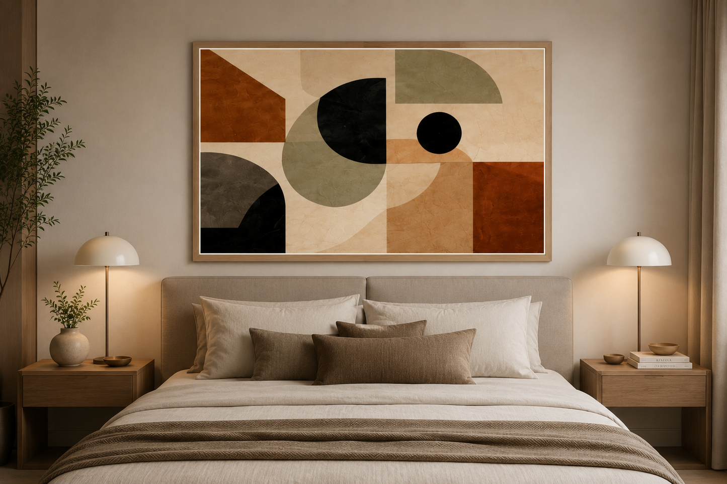 Póster Formas en Equilibrio Horizontal instalado sobre el cabecero de una cama en dormitorio.