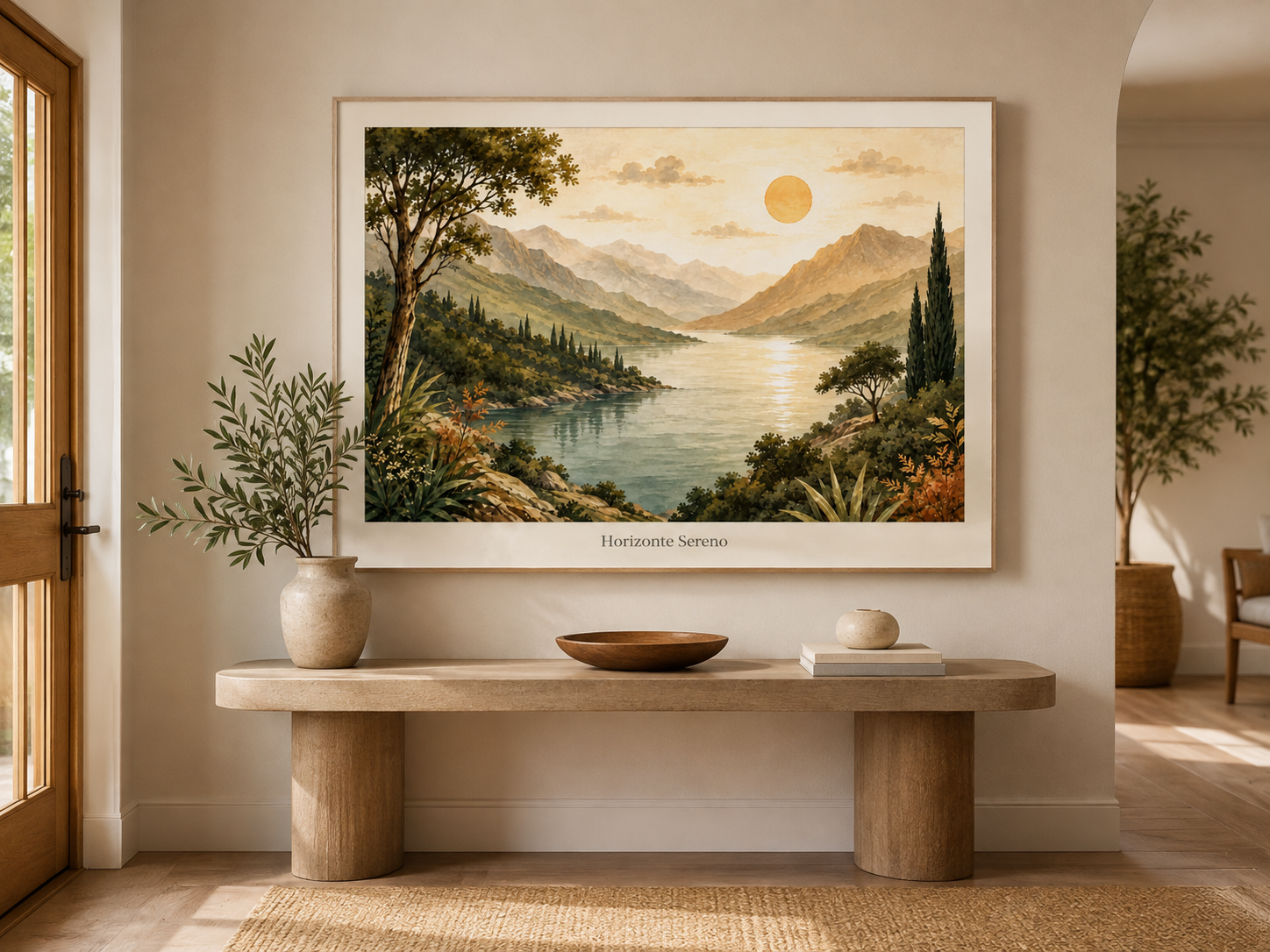 Póster Horizonte Sereno decorando un recibidor luminoso con mobiliario de tonos naturales.