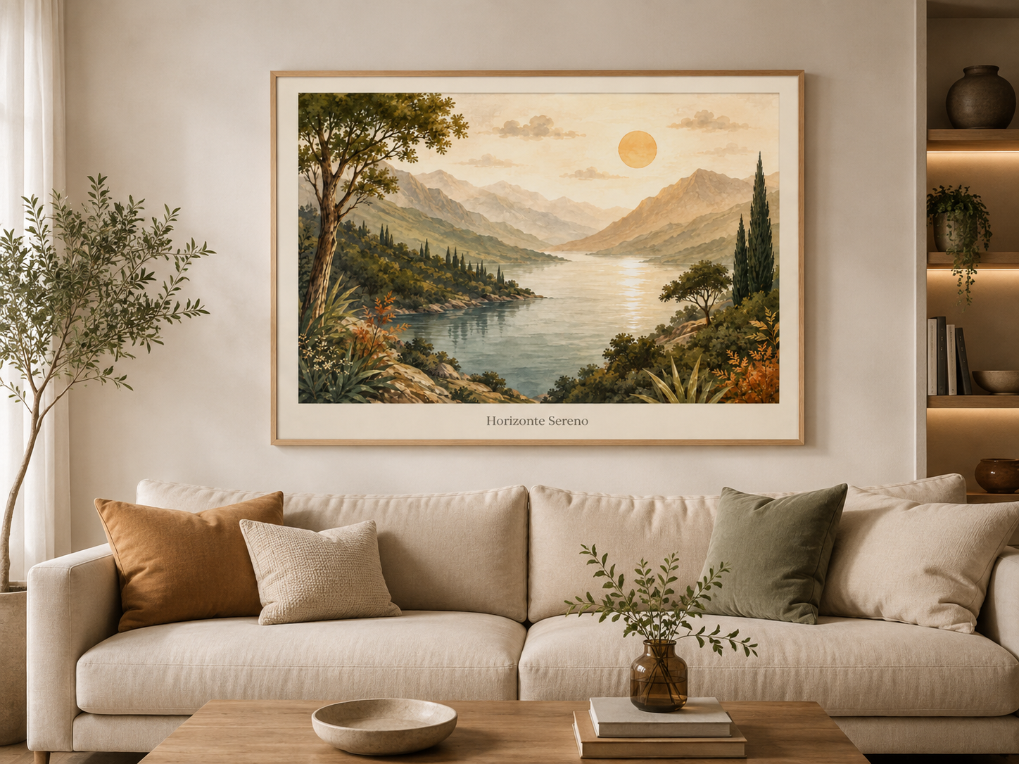 Póster adhesivo Horizonte Sereno de 100 × 150 cm instalado sobre el sofá de un salón contemporáneo.