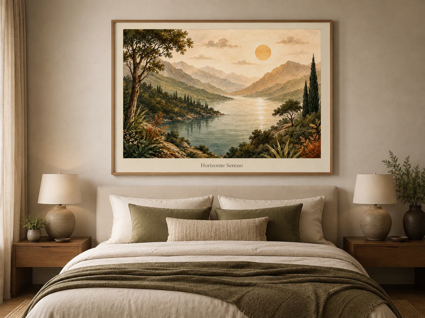 Póster paisajístico Horizonte Sereno instalado sobre el cabecero de una cama en dormitorio.