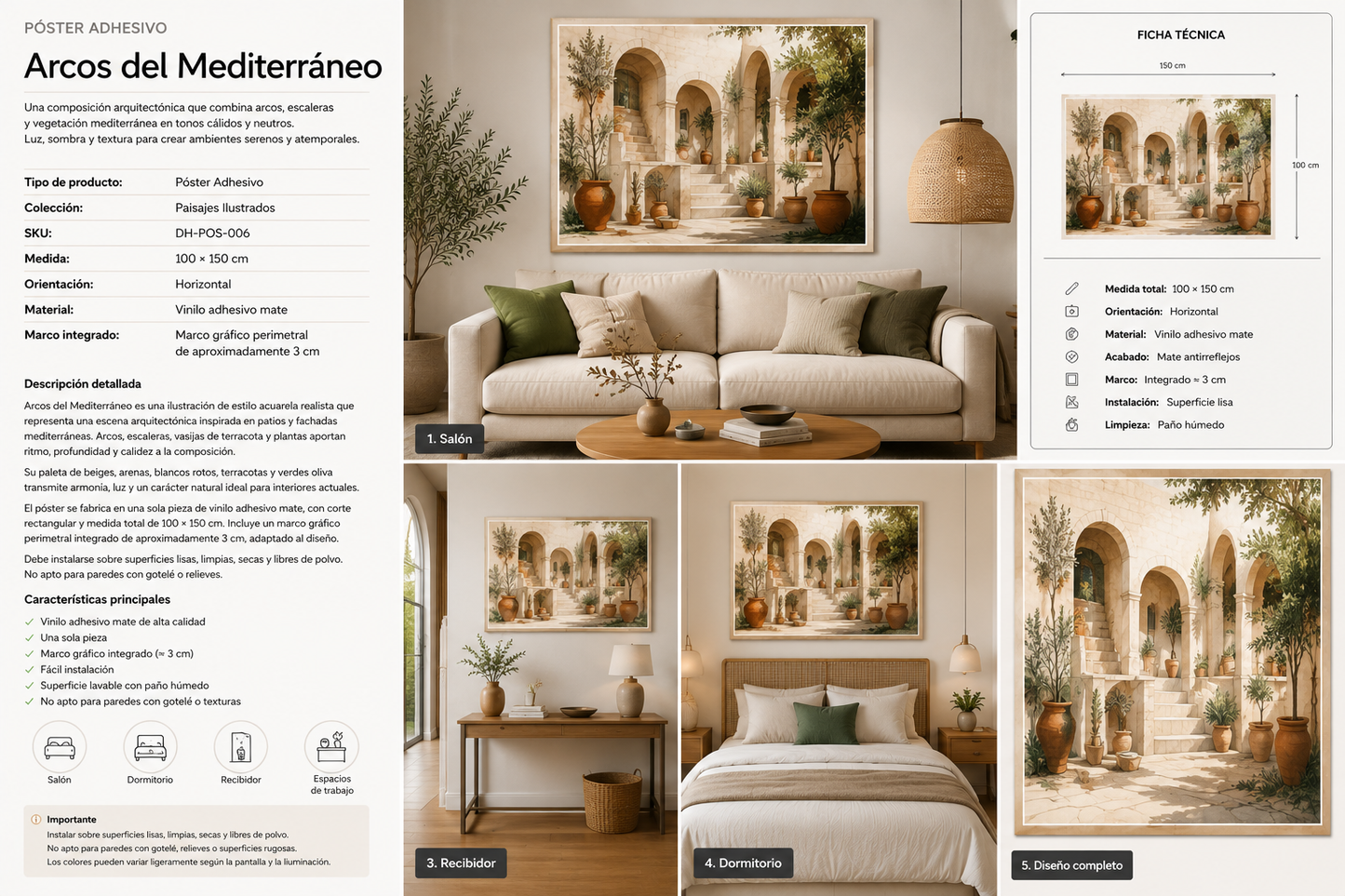 Ficha técnica del póster Arcos del Mediterráneo Horizontal con medida de 100 × 150 cm, acabado mate y marco gráfico integrado.