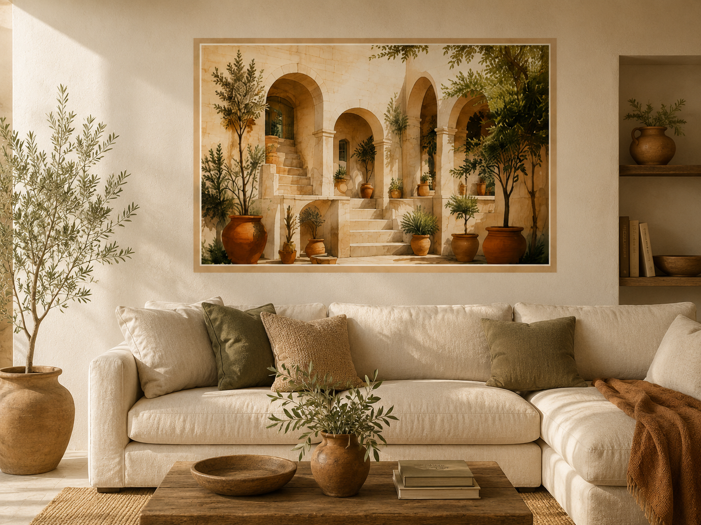 Póster adhesivo Arcos del Mediterráneo Horizontal de 100 × 150 cm instalado sobre el sofá de un salón.