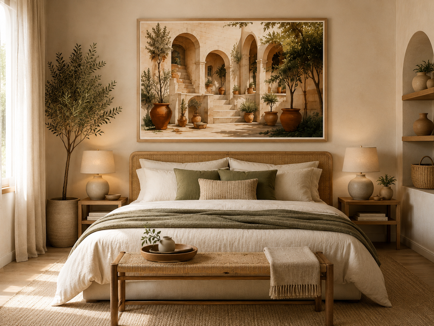 Póster Arcos del Mediterráneo Horizontal instalado sobre el cabecero de una cama en dormitorio.