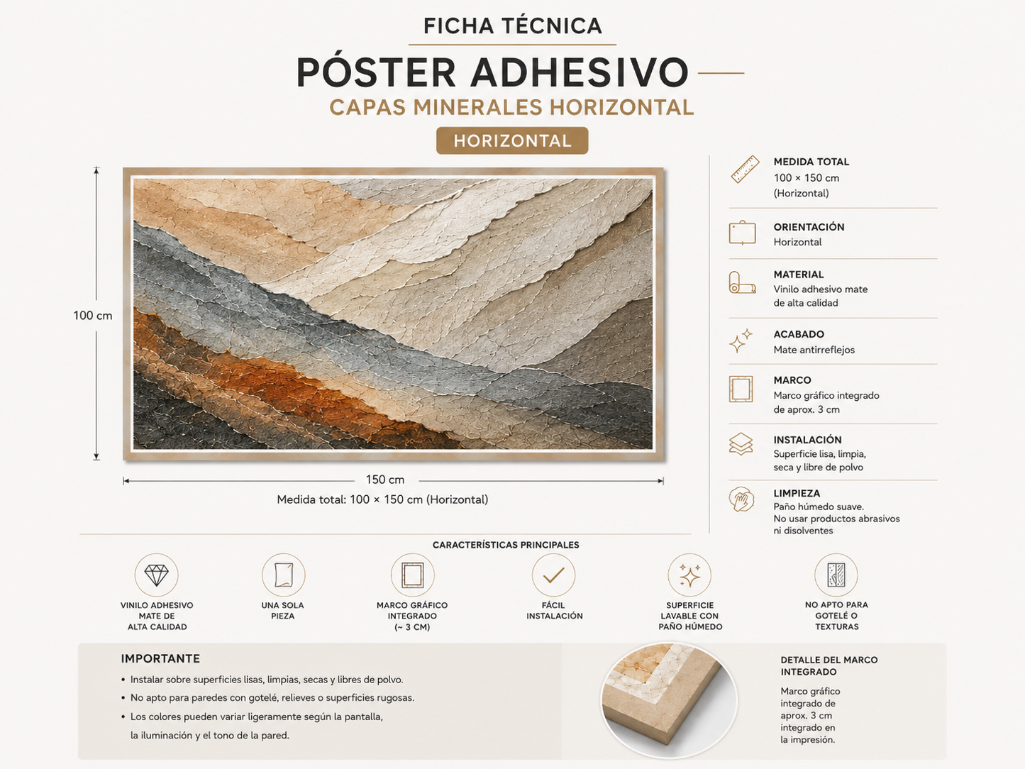 Ficha técnica del póster Capas Minerales Horizontal con medida de 100 × 150 cm, acabado mate y marco gráfico integrado.