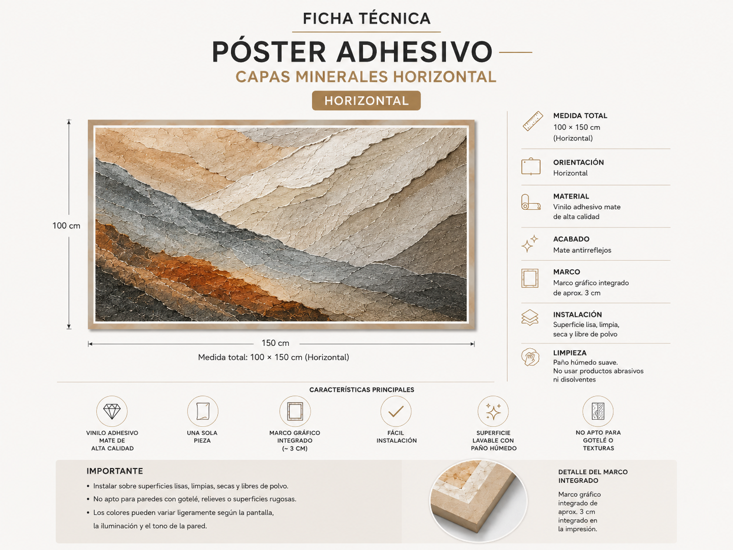 Ficha técnica del póster Capas Minerales Horizontal con medida de 100 × 150 cm, acabado mate y marco gráfico integrado.