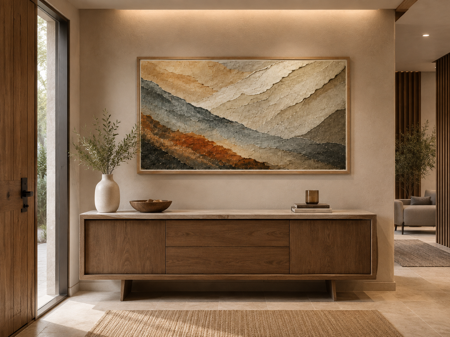 Póster Capas Minerales Horizontal decorando un recibidor moderno con mobiliario de madera.