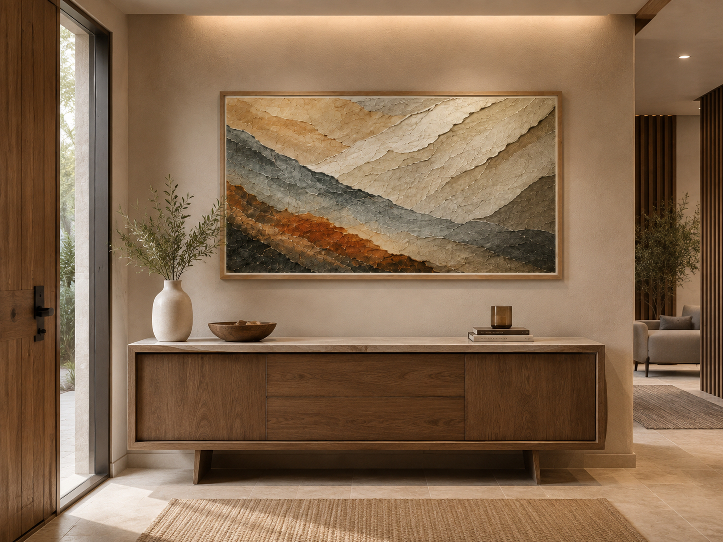 Póster Capas Minerales Horizontal decorando un recibidor moderno con mobiliario de madera.