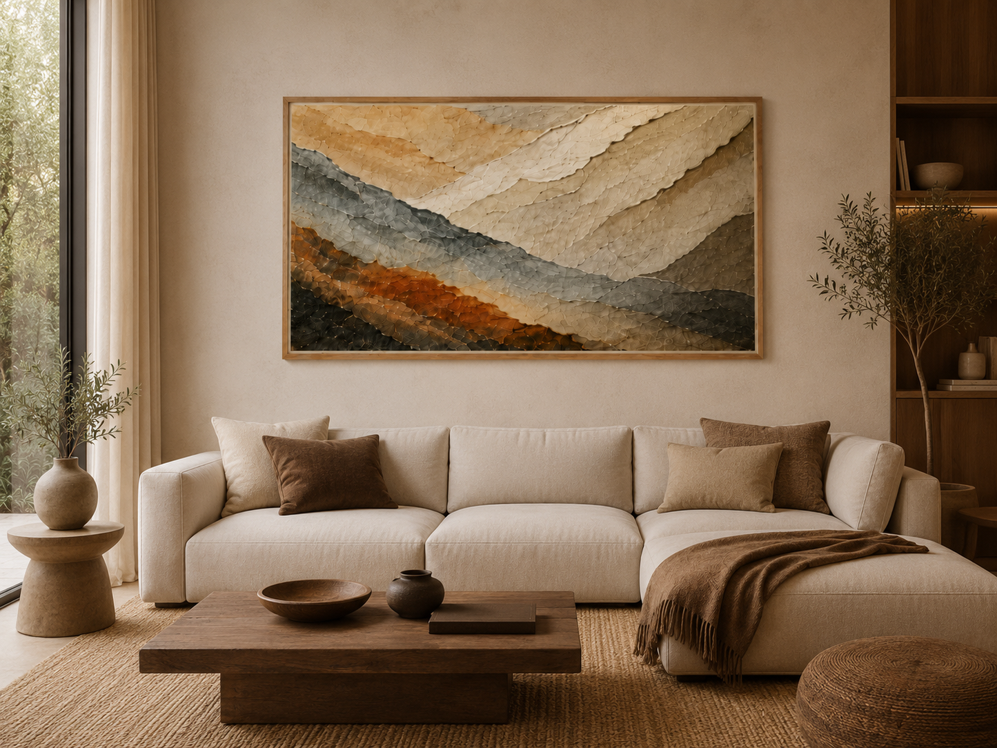 Póster adhesivo Capas Minerales Horizontal de 100 × 150 cm instalado sobre el sofá de un salón contemporáneo.