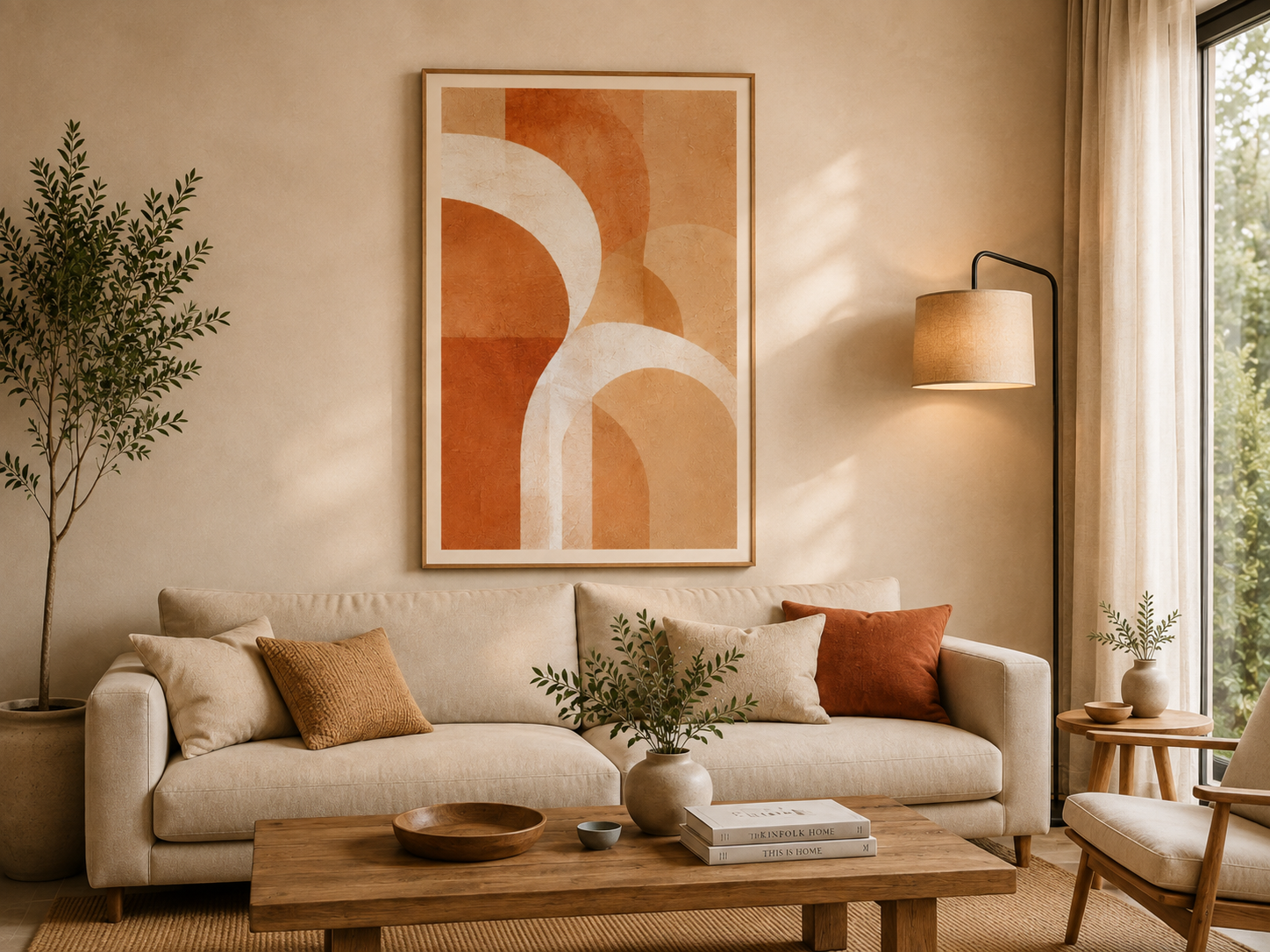 Póster Arcos de Arena Vertical decorando un salón contemporáneo en tonos cálidos.