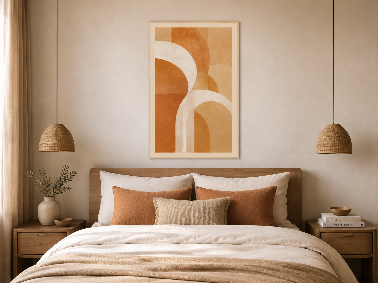 Póster Arcos de Arena Vertical instalado sobre el cabecero de un dormitorio.