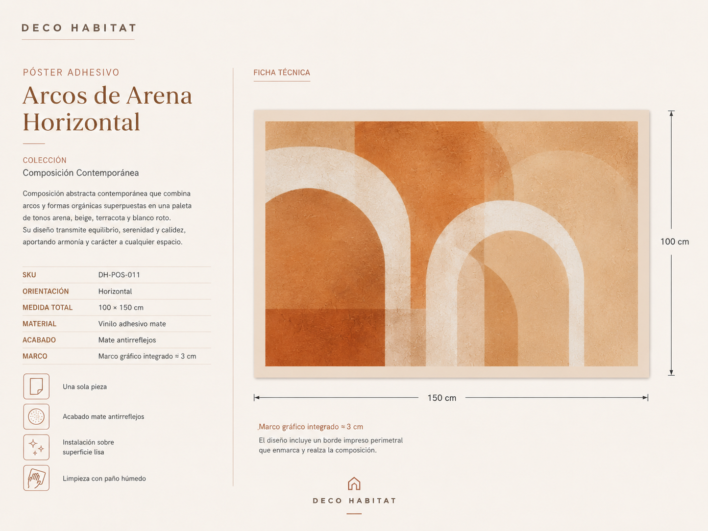 Ficha técnica del póster Arcos de Arena Horizontal con medida de 100 × 150 cm, acabado mate y marco gráfico integrado.
