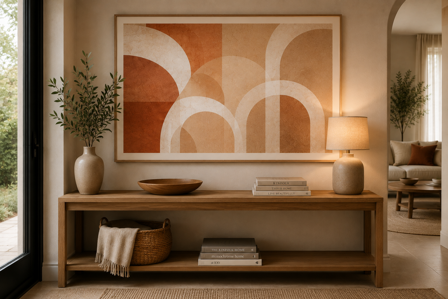 Póster Arcos de Arena Horizontal decorando un recibidor contemporáneo en tonos cálidos.