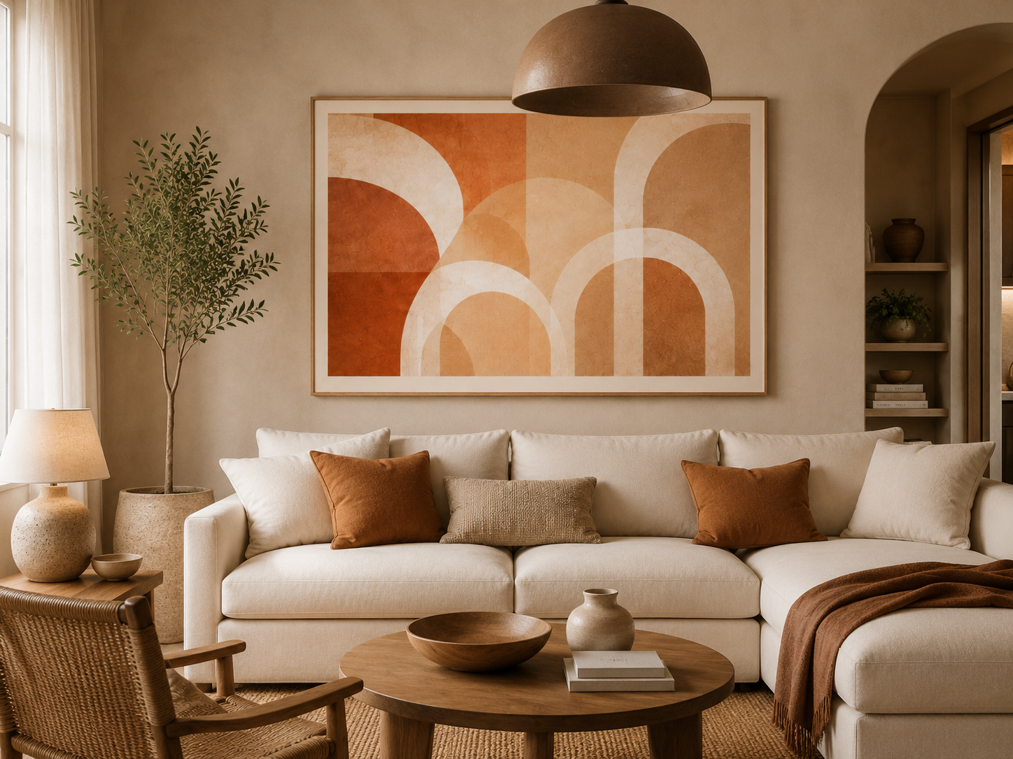 Póster adhesivo Arcos de Arena Horizontal de 100 × 150 cm instalado sobre el sofá de un salón contemporáneo.