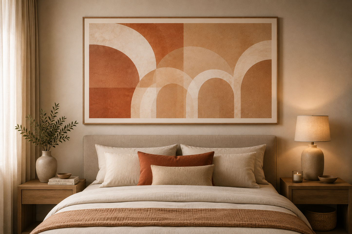Póster Arcos de Arena Horizontal instalado sobre el cabecero de una cama en dormitorio.