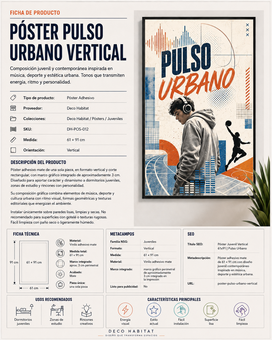 Ficha técnica del póster Pulso Urbano Vertical con medida de 61 × 91 cm, acabado mate y marco gráfico integrado.