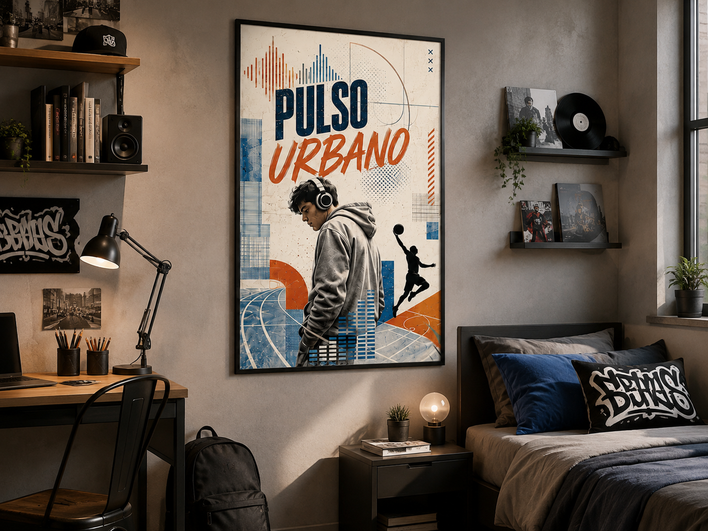 Póster adhesivo Pulso Urbano Vertical de 61 × 91 cm decorando una habitación dormitorio juvenil de estética urbana.