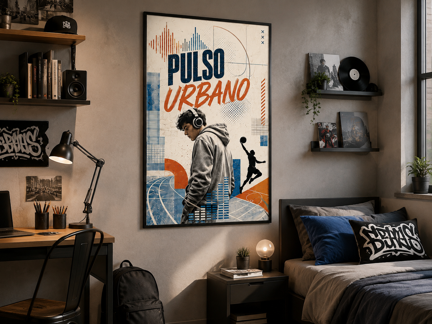 Póster adhesivo Pulso Urbano Vertical de 61 × 91 cm decorando una habitación dormitorio juvenil de estética urbana.