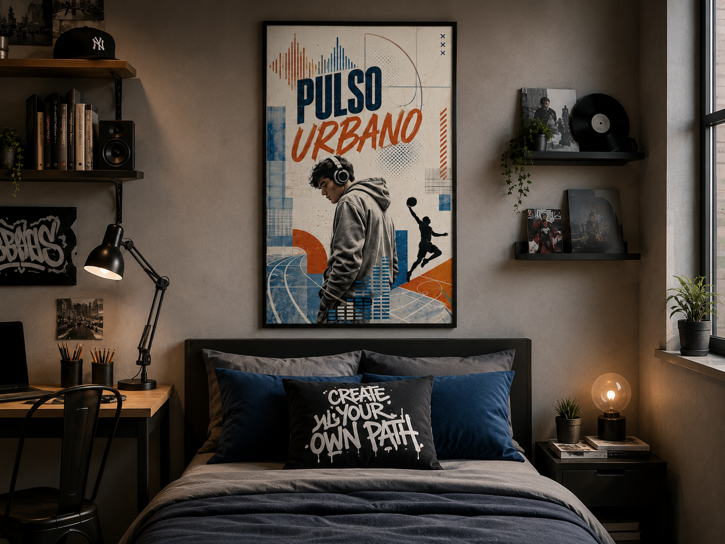 Póster Pulso Urbano Vertical instalado sobre el cabecero de una cama en un dormitorio juvenil.